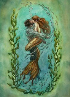 a painting of a mermaid hugging a man in the water with seaweed around him