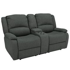 two seat reclining sofa with cup holders on the back and armrests in grey fabric