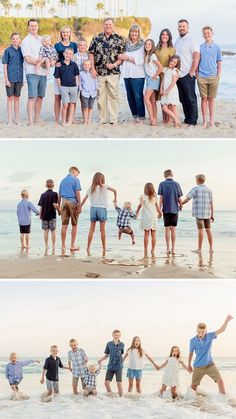 family photos on the beach in front of palm trees and ocean waves with their hands in the air