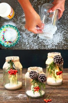 someone is pouring snow into jars with pine cones