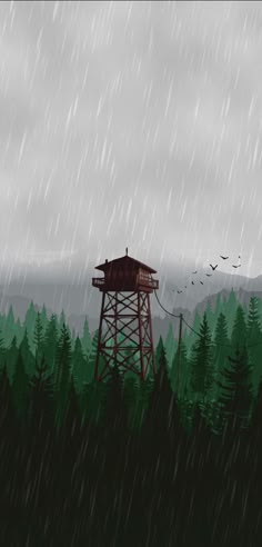 an image of a tower in the rain