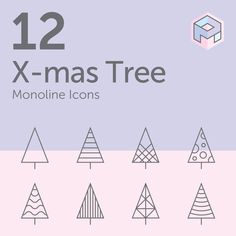 twelve x - mas trees with the text 12 xmas tree monoline icons on them