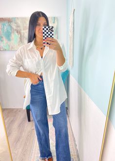 Milan' White Oversized Boyfriend Fit Button Down Shirt-An oversized version of a white classic button down is just what we need this Fall! So many ways to style this: Tucked in, half tucked, sleeves rolled, opened with a bandeau, under a blazer or vest, front tied and so much more! Perfect for work and after hours!-Cali Moon Boutique, Plainville Connecticut Arm Candy Bracelets, Casual Bottoms, Blazer With Jeans, Long Sleeve Blazers, After Hours, Beauty Collection, Boyfriend Fit, Clothes Collection, Long Length