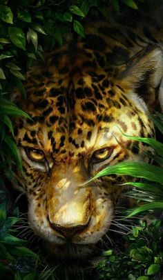 a painting of a leopard hiding in the bushes with its eyes open and it's face partially obscured by foliage