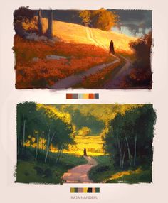 two paintings of trees and a person walking down a path