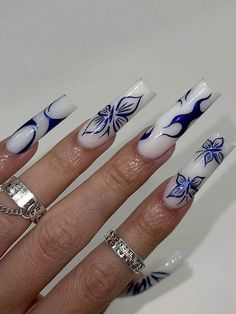 Royal Blue  Collar    Color Nails Embellished   Beauty Tools Glossy Nails, Nails Glossy, Nails Square, Nails White, Coffin Shape Nails, Makijaż Smokey Eye