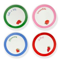 four plates with different designs on them and the names of each plate in red, green, blue, and pink