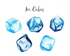 four ice cubes are shown in this watercolor painting style, with the words je cube