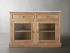 a wooden cabinet with glass doors and shelves