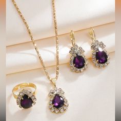 4pcs/Set Water Drop Design Necklace, Earrings, Ring & Bracelet Jewelry Set For Women, Party, Wedding, Bridal, Gift #162tt) Purple Costume Jewelry For Party, Purple Costume Jewelry For Wedding, Purple Crystal Jewelry Set For Party, Purple Jewelry With Jewels As Gift, Purple Costume Jewelry As Gift, Purple Costume Jewelry As A Gift, Purple Costume Jewelry Gift, Purple Costume Jewelry For Gifts, Purple Crystal Jewelry With Matching Earrings