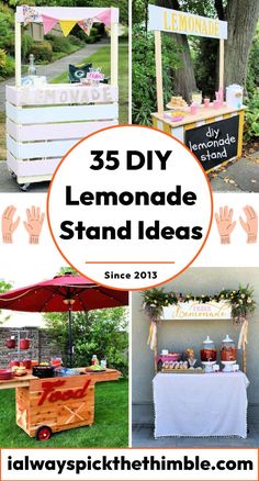 lemonade stand made out of pallets with text overlay that reads 35 diy lemonade stand ideas