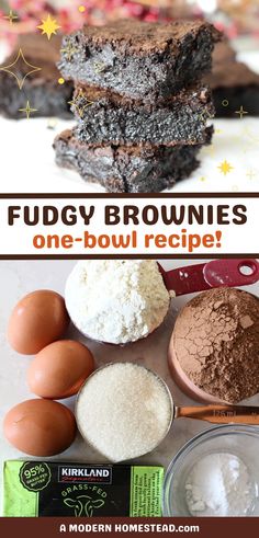 chocolate fudge brownies are stacked on top of each other with ingredients to make them