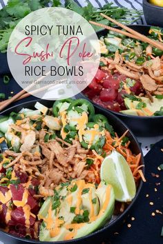 two black bowls filled with rice, meat and veggies next to chopsticks