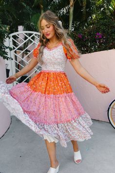 The patchwork dress of your DREAMS now available in bright and bold colors! The Emily Dress features the most fashion forward design, consisting of orange, pink, and stunning floral fabric. She also has an Ivy Favorite smocked bodice, tiered skirt, and dainty puff sleeves. This dress screams, "Ready for Summer" and will be your go-to dress for all your upcoming adventures! Available in size XXS, XS, S, M, L, XL, XXL, 1X, 2X, 3X, 4X, & 5X + kids! Pink Patchwork Dress For Spring, Spring Pink Patchwork Dress, Spring Tiered Patchwork Dresses, Spring Patchwork Tiered Dresses, 36 Weeks Pregnant, Ivy City Co, Bodice Dress, Patchwork Dress, Tier Skirt