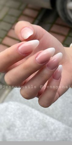 French Fade Nails Oval, Fading French Nails, Faded French Tip Nails Almond, Oval Nail Ombre, Almond Nail Ombre French, American Manicure Nails Acrylic Almond, American Manicure Oval Nails, Faded French Nails Almond, Bridal Nails Almond Shape Ombre