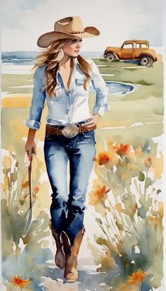 a watercolor painting of a woman walking down a road with a cowboy hat on