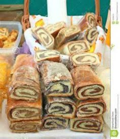 several different types of pastries are on display