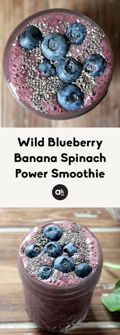 blueberry banana spinach power smoothie in a glass bowl on top of a wooden table