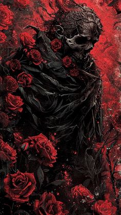 a painting of a skeleton surrounded by red roses