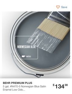 a paint can with a brush in it and the words norwegian blue painted on it