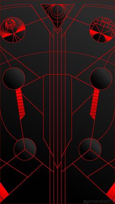 an art work with red lines and circles on black background, including three different shapes