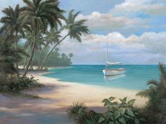 a painting of a boat in the ocean with palm trees and blue sky behind it