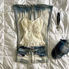 #outfits #denim Vest Outfits Y2k, Hottie Outfits, Country Aesthetic Outfit, Lace Shirt Outfit, Jean Vest Outfits, Euphoria Outfits, Runway Fashion Couture, Clueless Outfits