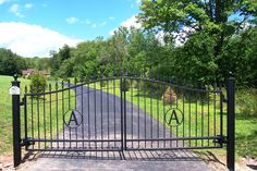 a gated driveway leading into a grassy area with trees and bushes in the background