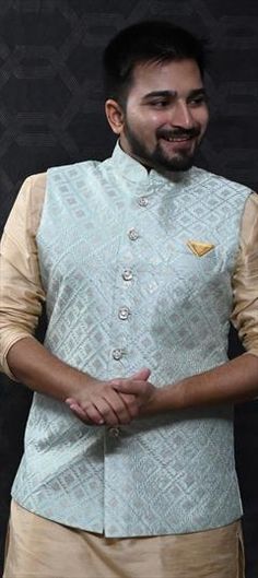 Blue color Nehru Jacket in Silk fabric with Embroidered, Sequence, Thread work Luxury Summer Cotton Nehru Jacket, Luxury Ceremonial Nehru Jacket With Naqshi, Luxury Bollywood Nehru Jacket For Party, Luxury Buttoned Nehru Jacket For Wedding, Luxury Tailored Ceremonial Nehru Jacket, Luxury Sleeveless Nehru Jacket For Festive Season, Luxury Traditional Fitted Nehru Jacket, Luxury Cream Nehru Jacket For Semi-formal Occasions, Luxury Tailored Nehru Jacket For Designer Wear