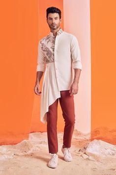 Shop for S&N by Shantnu Nikhil Off White Cotton Textured Draped Kurta for Men Online at Aza Fashions Wedding Kurta For Men, Kurta For Men, Kurta Patterns, Pleated Drapes, Mens Kurta Designs, Short Kurta, Mens Kurta, Wedding Dress Men, Neckline Designs