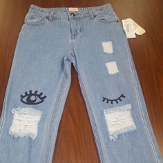 Girls Ripped Jeans With Graphic Designs Graphic Jeans, Girls Ripped Jeans, Closet Update, Graphic Designs, Jeans Color, Kids Bottoms, Ripped Jeans, Colored Jeans, Color Blue