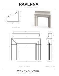 an architectural drawing of the ravenna fireplace and mantle with measurements for each piece in the design