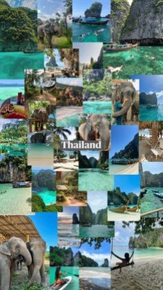 many pictures of elephants and people in the water with boats, mountains, trees, and rocks