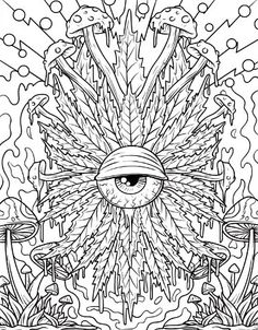 an eye surrounded by plants and mushrooms in the middle of a coloring page for adults