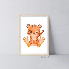 a painting of a baby tiger cub sitting on the floor with its paws up and eyes closed