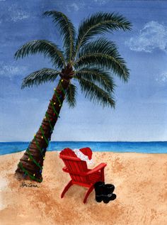 a painting of a red beach chair under a palm tree