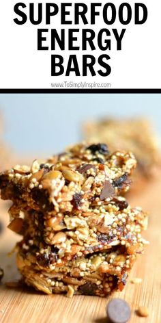 chocolate chip granola energy bars stacked on top of each other with text overlay