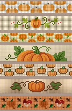 a cross stitch pattern with pumpkins and leaves on the side, in different colors