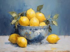 a painting of lemons in a bowl on a table