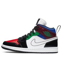 This Air Jordan 1 Mid features Multi-Color in a mix of leather and patent leather with mesh material used on the collar. ‘Bred’ toe box, stitched Swoosh logos on the panels, a high heel loop pull tab along with the number 23. A black Jumpman logo is highlighted on the tongue, while “23” branding is found on the heel. (AJ1/SNKR/Retro/Mid Top/Women's/Non-Slip/Multicolor/Basketball/Wear-resistant) High-top Leather Sneakers With Color Block, Leather Color Block Sneakers For Streetwear, Black Color Block Sneakers For Streetwear, Wmns Air Jordan 1, Air Jordan 1 Mid Se, Jumpman Logo, Mid Top, Air Jordan 1 Mid, Jordan 1 Mid