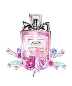 a watercolor drawing of a pink perfume bottle with flowers and leaves on the side