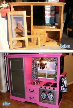 the before and after pictures show how to make a doll house out of an old dresser