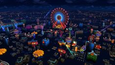 an aerial view of a city at night with ferris wheel in the foreground and buildings lit up