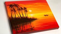 a painting of a boat on the water with palm trees in the background at sunset