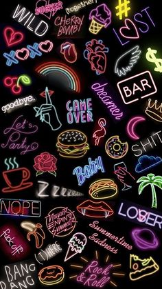 various neon signs and symbols on a black background