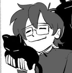 a black and white drawing of a boy with glasses holding a cat in his arms