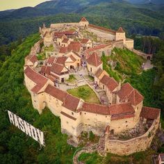 an aerial view of a castle surrounded by trees