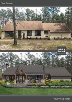 before and after photos of a house in the woods