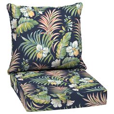 an outdoor chair cushion with tropical print