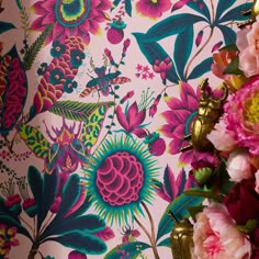 pink and green floral wallpaper with gold vases